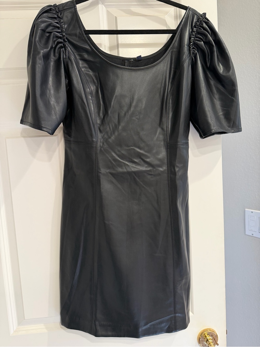 Gap Black Faux Leather Puff-Sleeve Scoop Neck Dress